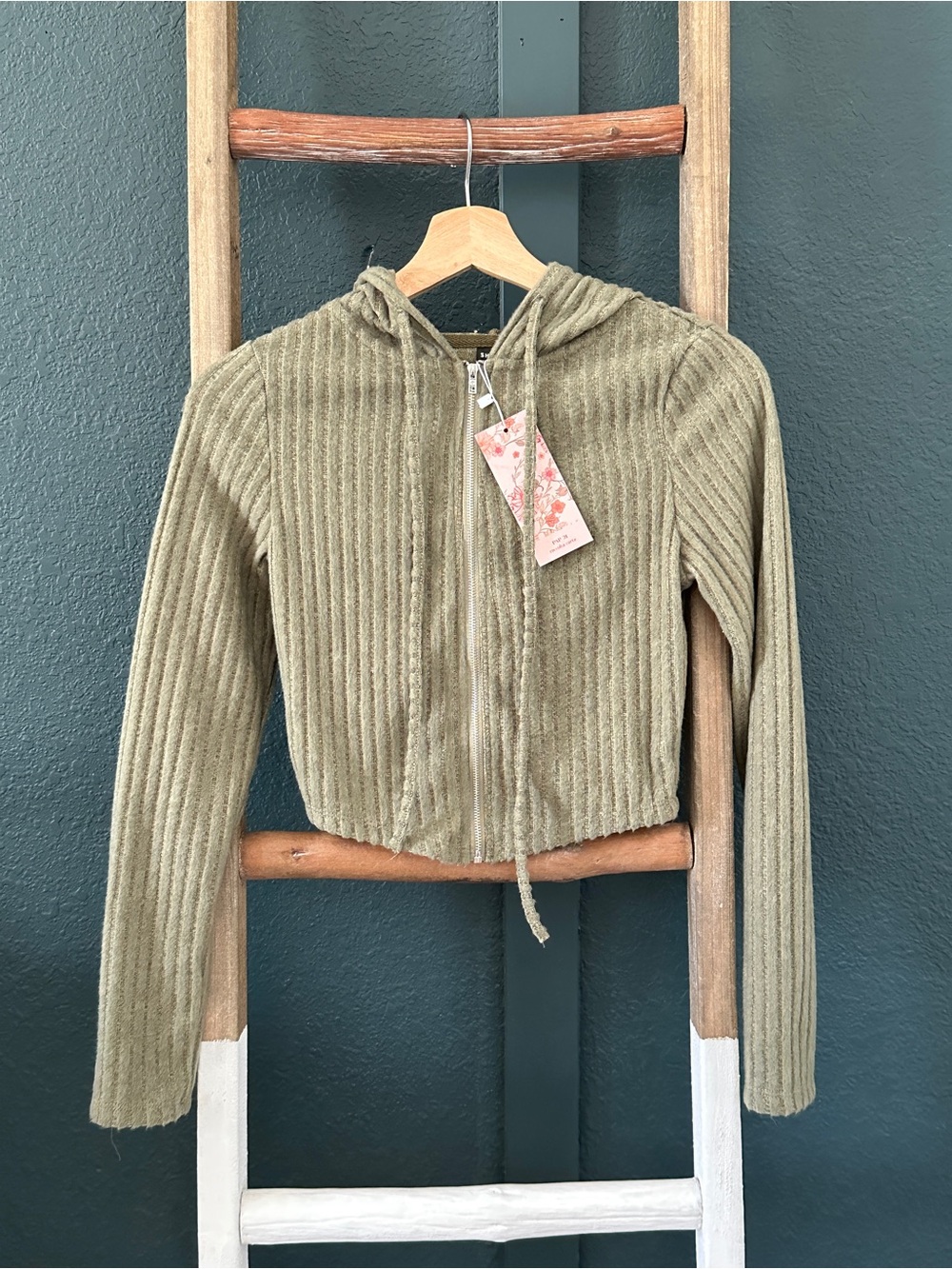 NWT Women's Ribbed Hooded Zip-Up Jacket - Olive Green Slim Low High Size Small